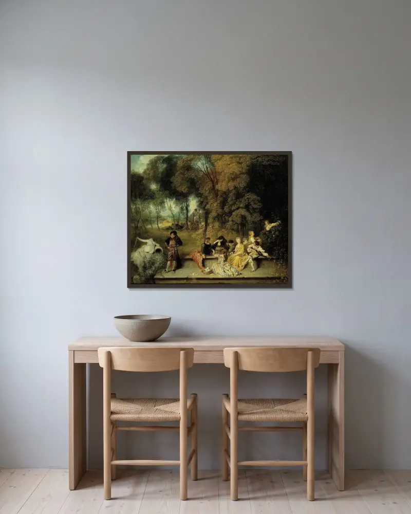 Kärlekens nöjen av Jean-Antoine Watteau inramad på en vägg