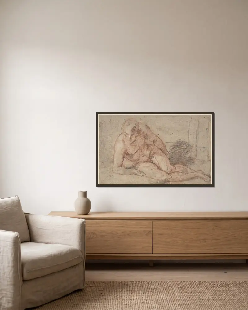 Liggande kvinnlig nakenstudie av Jean-Antoine Watteau inramad på en vägg