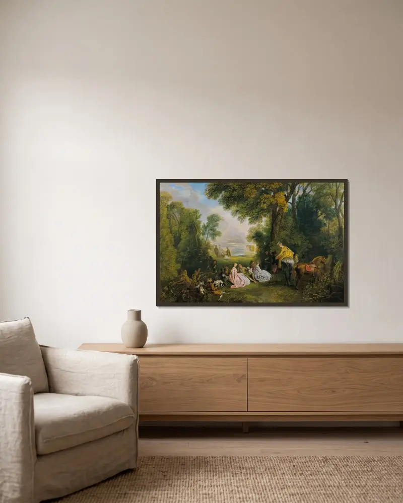 Jaktmöte av Jean-Antoine Watteau inramad på en vägg