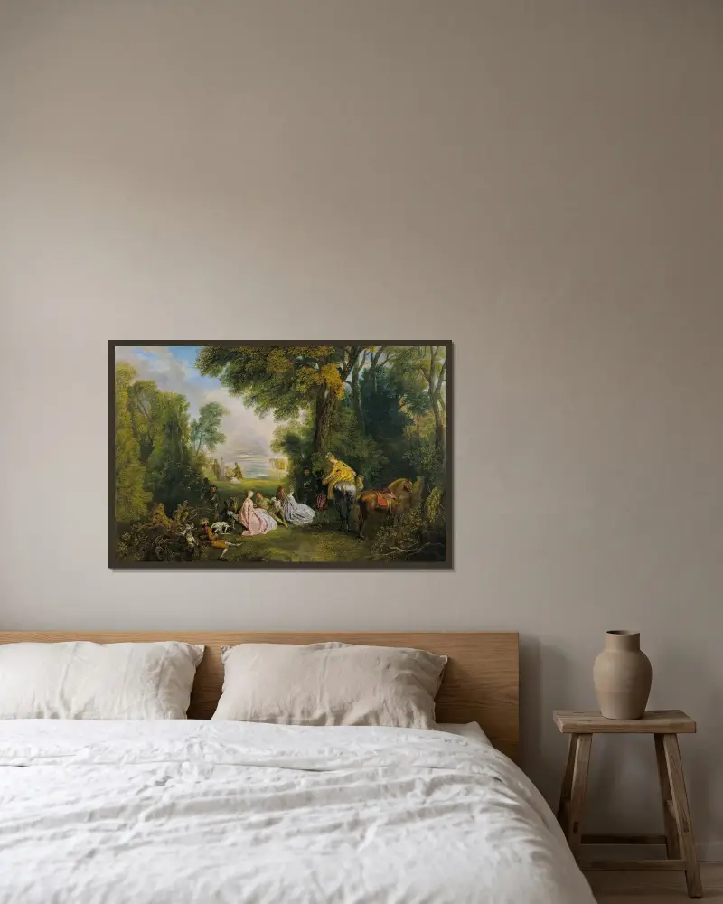 Jaktmöte av Jean-Antoine Watteau inramad på en vägg