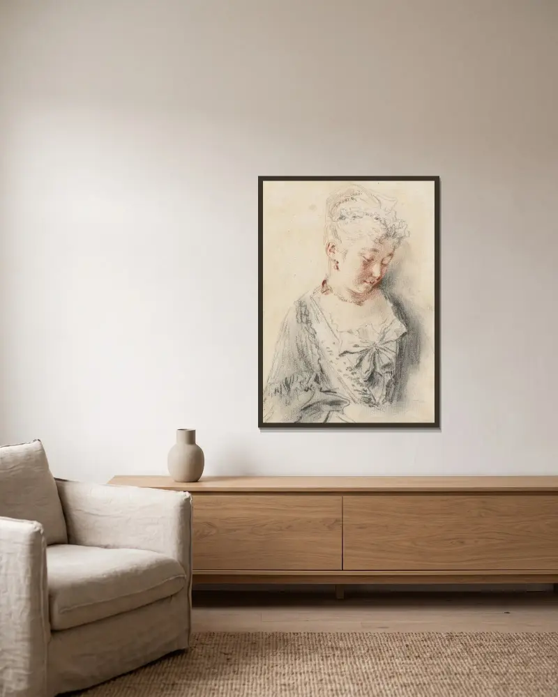 Sittande kvinna som ser ner av Jean-Antoine Watteau inramad på en vägg