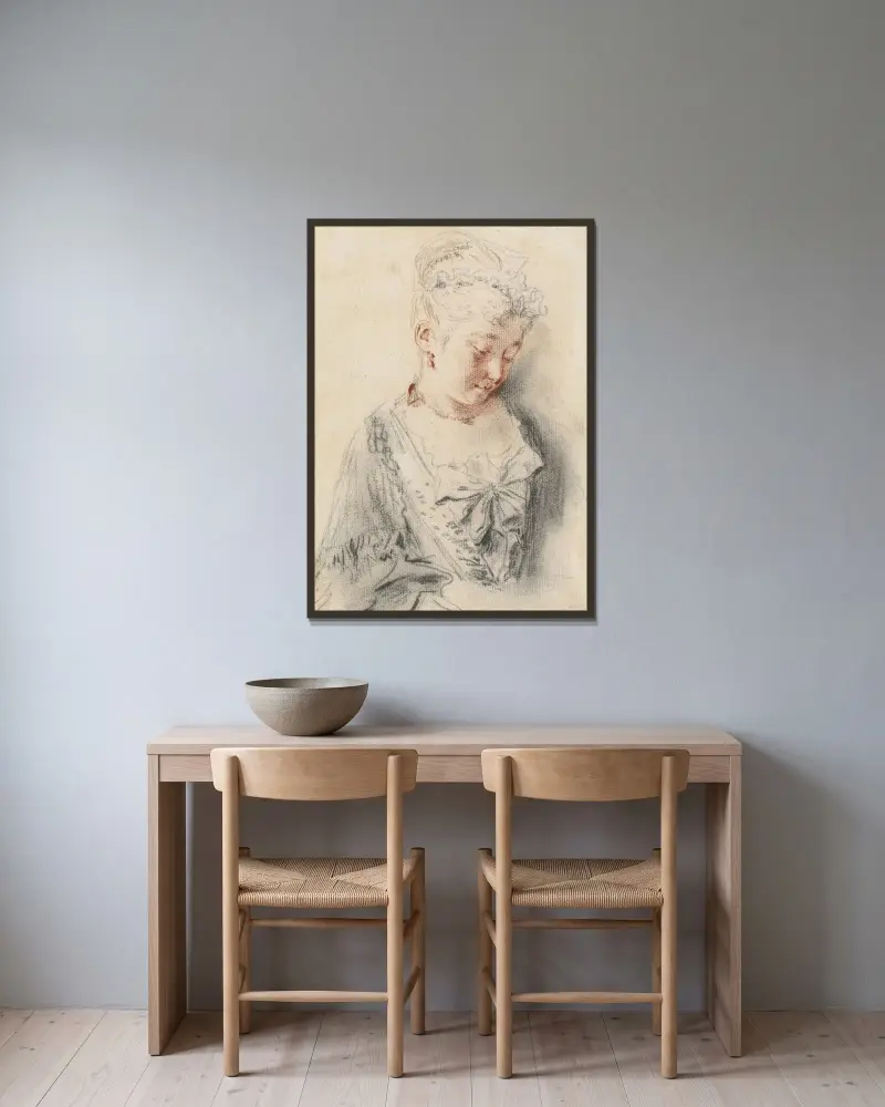 Sittande kvinna som ser ner av Jean-Antoine Watteau inramad på en vägg