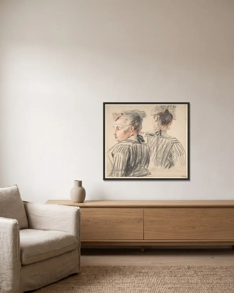 Studier av en kvinna med mössa av Jean-Antoine Watteau inramad på en vägg
