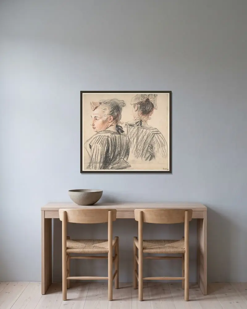 Studier av en kvinna med mössa av Jean-Antoine Watteau inramad på en vägg