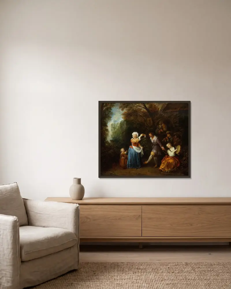 Lantdansen av Jean-Antoine Watteau inramad på en vägg