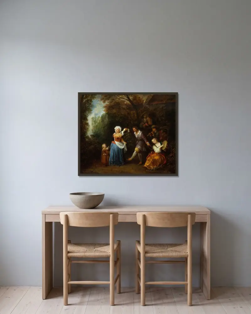 Lantdansen av Jean-Antoine Watteau inramad på en vägg
