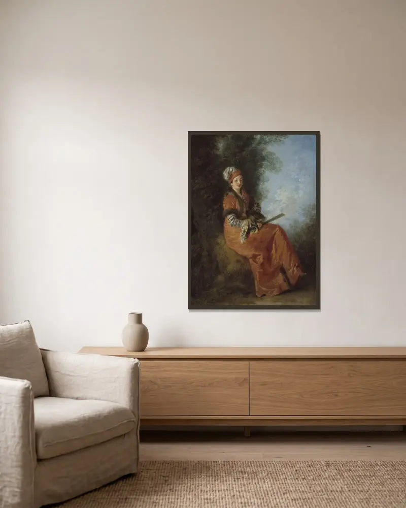 Drömmaren (La Rêveuse) av Jean-Antoine Watteau inramad på en vägg