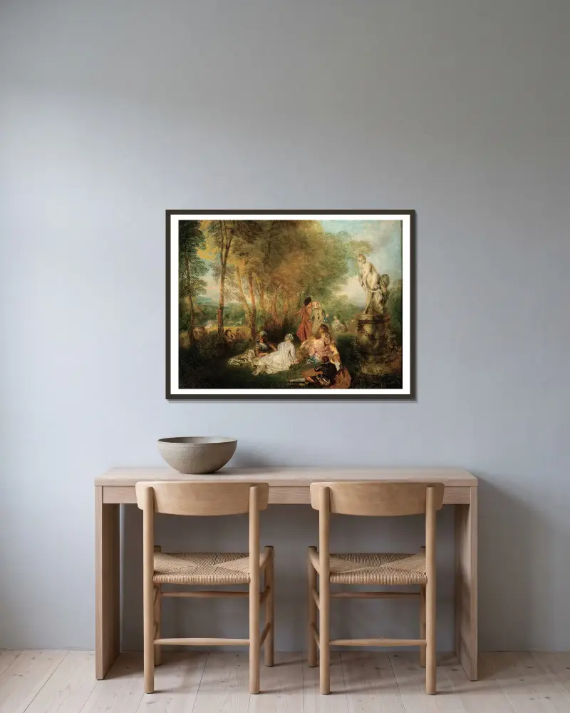 The Feast of Love av Jean-Antoine Watteau inramad på en vägg