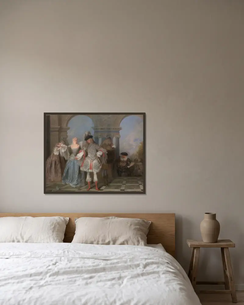 De franska komedianterna av Jean-Antoine Watteau inramad på en vägg