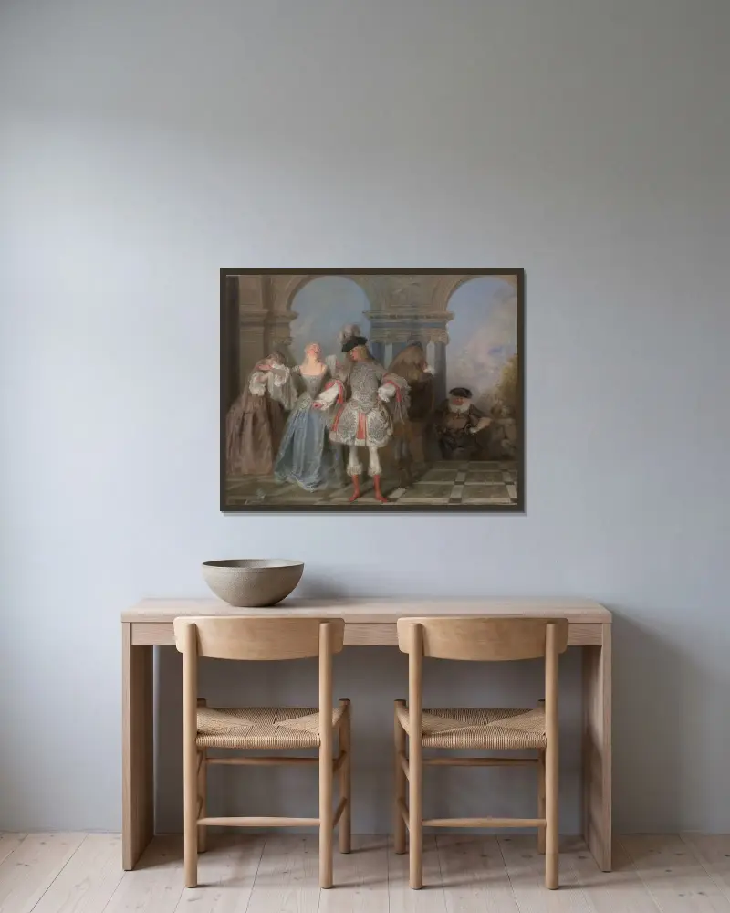 De franska komedianterna av Jean-Antoine Watteau inramad på en vägg