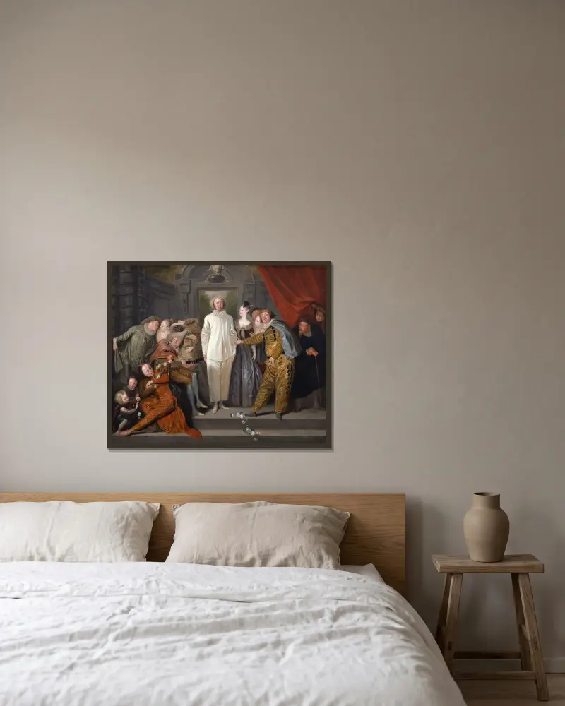De italienska komedianterna av Jean-Antoine Watteau inramad på en vägg