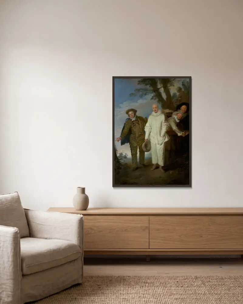 The Italian Comedians av Jean-Antoine Watteau inramad på en vägg