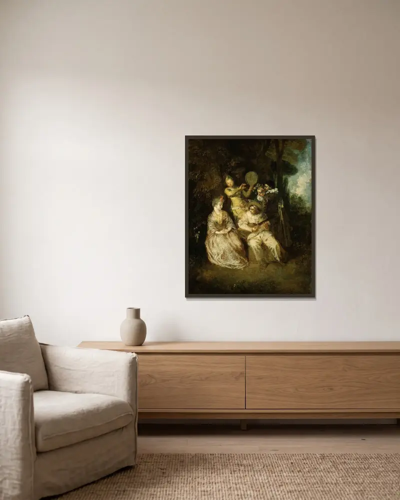 Den italienska serenaden av Jean-Antoine Watteau inramad på en vägg