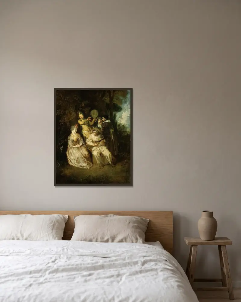 Den italienska serenaden av Jean-Antoine Watteau inramad på en vägg