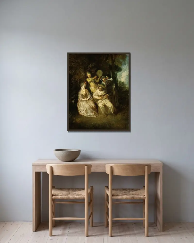 Den italienska serenaden av Jean-Antoine Watteau inramad på en vägg