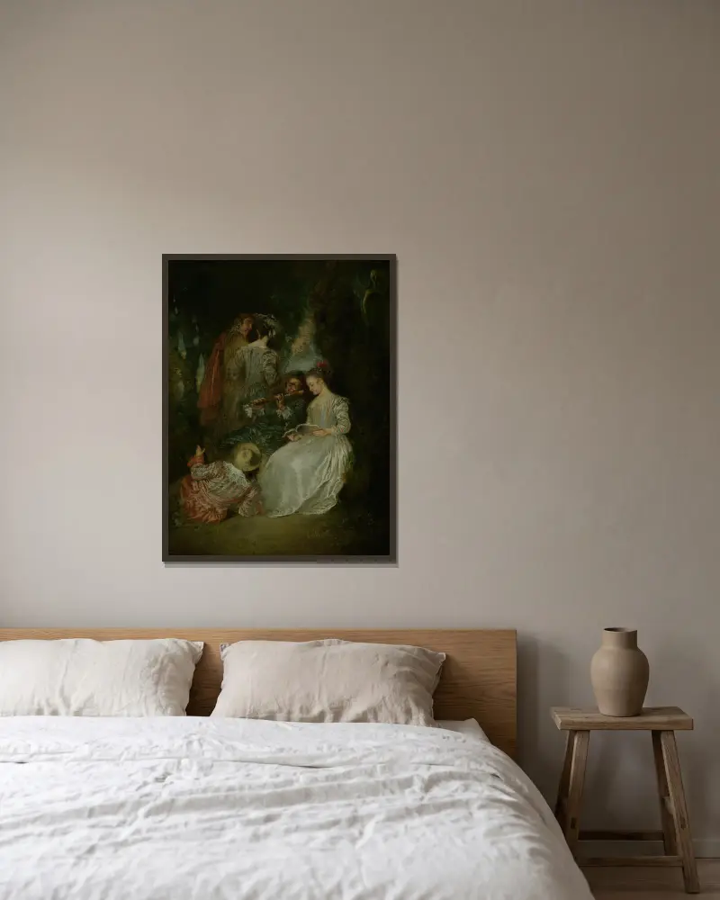 The Perfect Accord av Jean-Antoine Watteau inramad på en vägg
