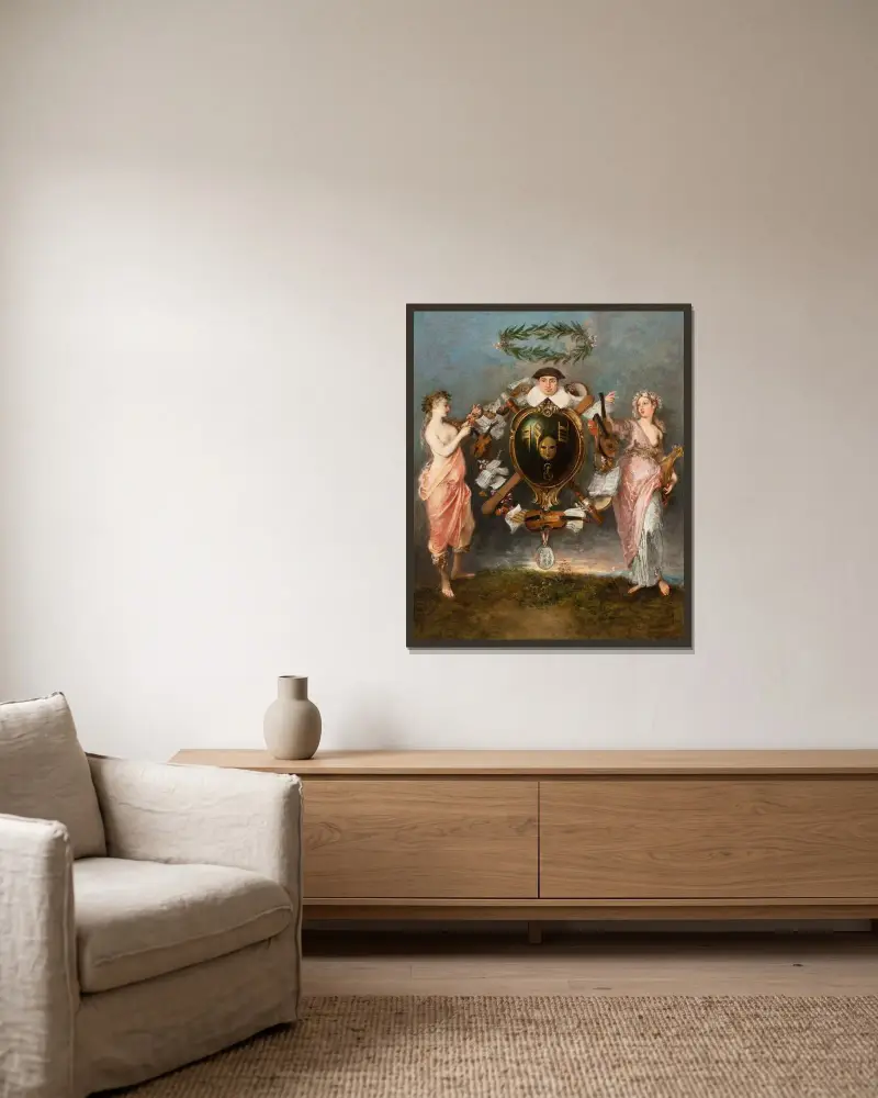 Musikens och komedins förening av Jean-Antoine Watteau inramad på en vägg