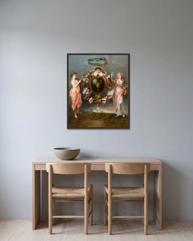 Musikens och komedins förening av Jean-Antoine Watteau inramad på en vägg
