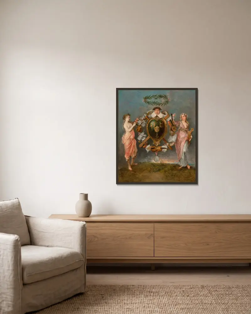 Musikens och komedins förening av Jean-Antoine Watteau inramad på en vägg