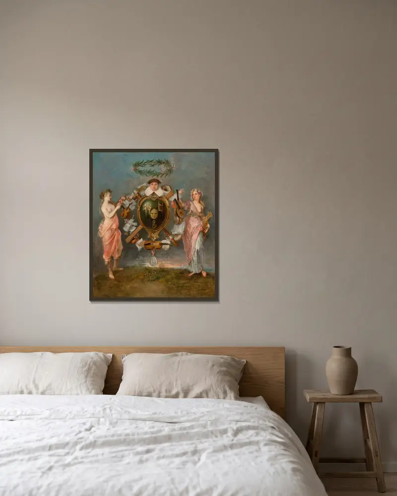 Musikens och komedins förening av Jean-Antoine Watteau inramad på en vägg