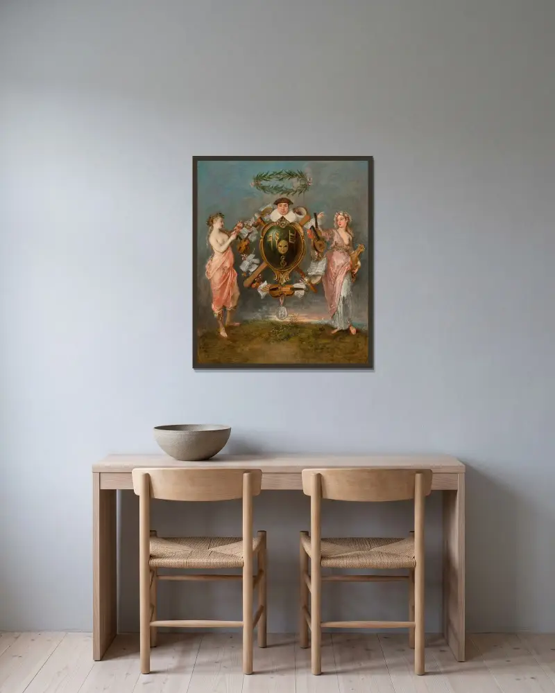 Musikens och komedins förening av Jean-Antoine Watteau inramad på en vägg