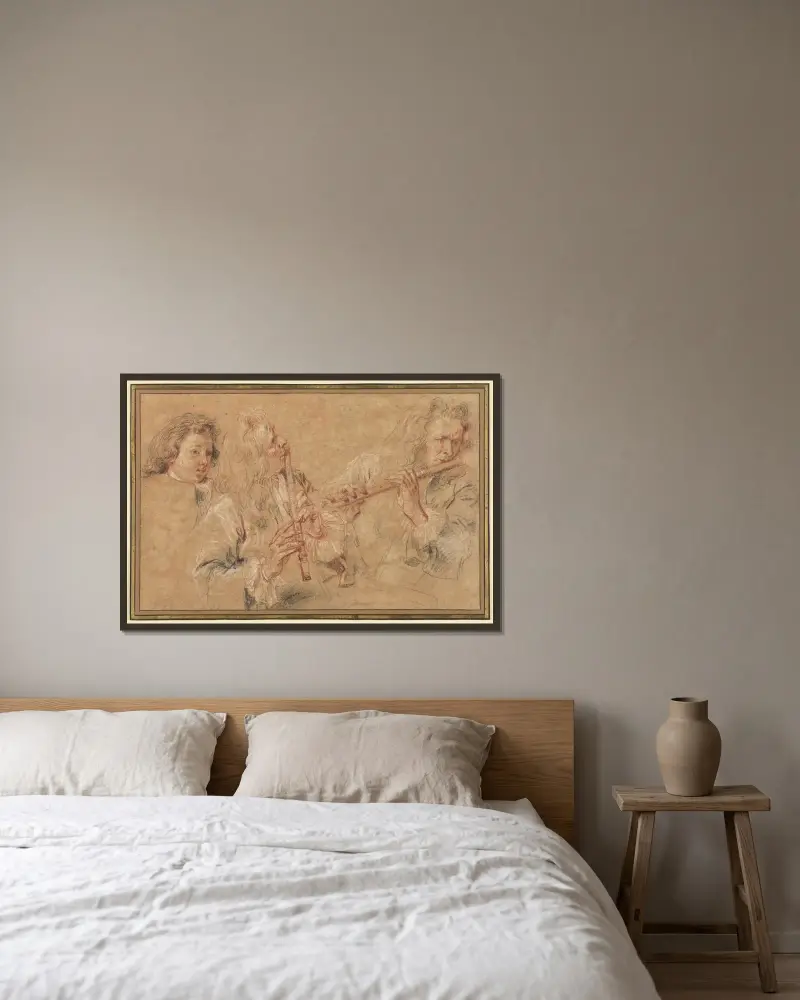 Två studier av en flöjtspelare och en studie av en gosses huvud av Jean-Antoine Watteau inramad på en vägg