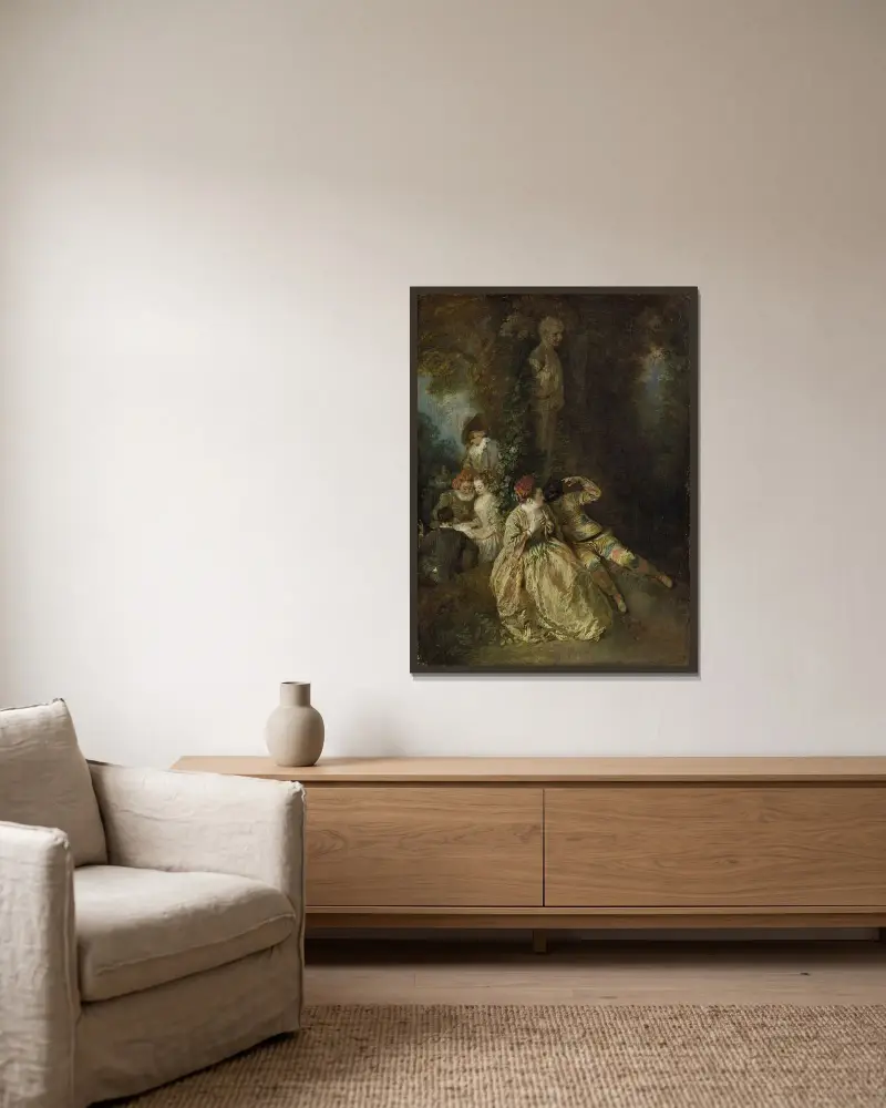 Vill du vinna de sköna damernas gunst av Jean-Antoine Watteau inramad på en vägg