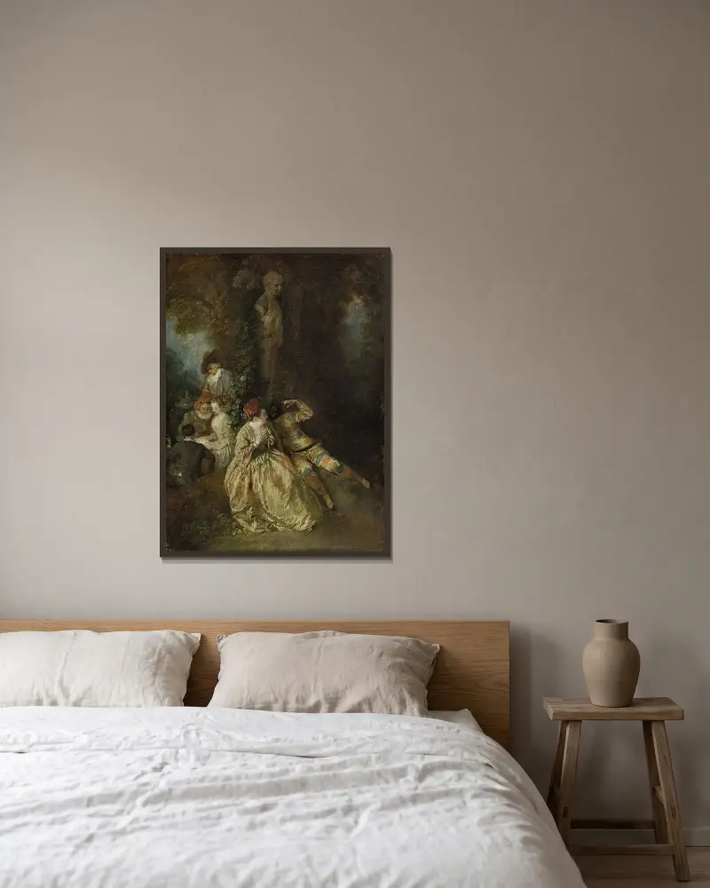Vill du vinna de sköna damernas gunst av Jean-Antoine Watteau inramad på en vägg