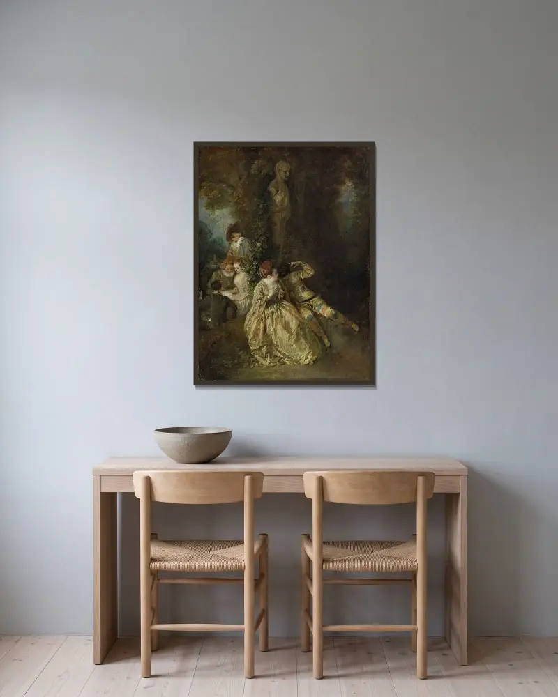 Vill du vinna de sköna damernas gunst av Jean-Antoine Watteau inramad på en vägg