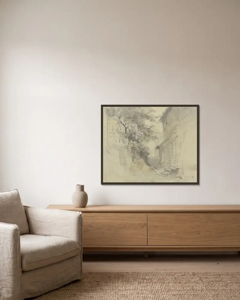 Passage mellan två hus av Anton Burger inramad på en vägg