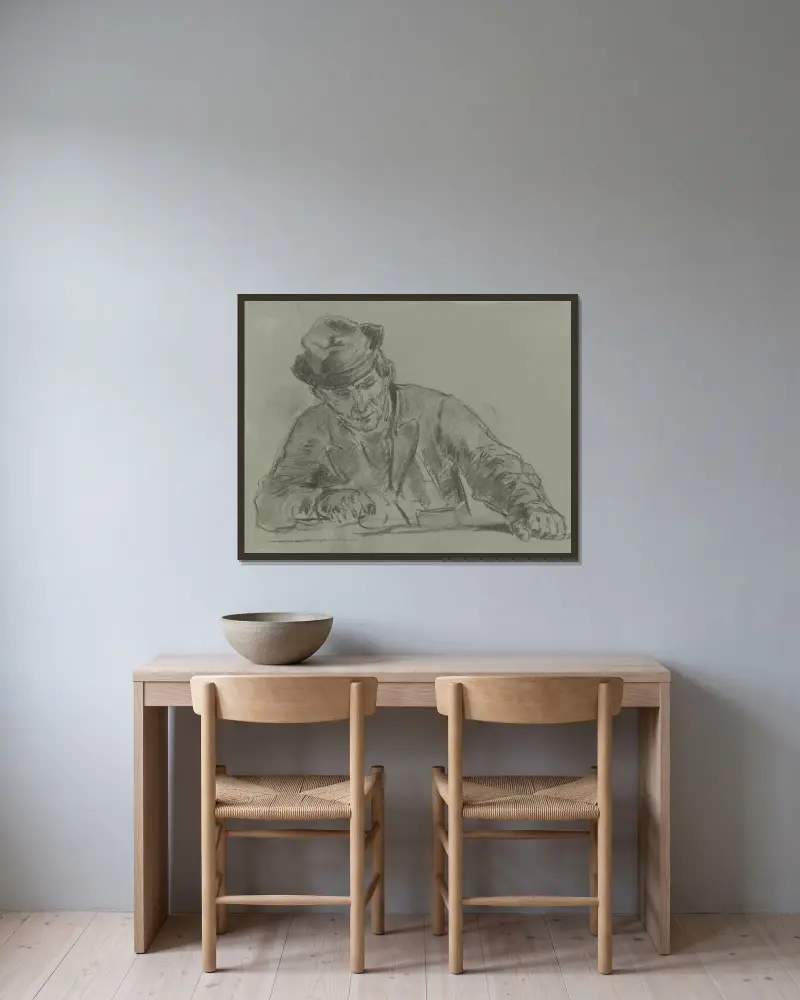 Halbfigur eines Bauern von vorne am Tisch av Anton Burger inramad på en vägg
