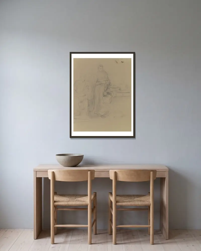 Kartoffeln schälende Bauersfrau, neben ihr sitzend ein Mann av Anton Burger inramad på en vägg
