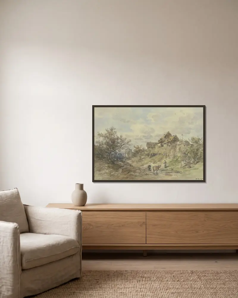 Landschaft mit Gehöft, zwei Kühe mit Bäuerin im Vordergrund av Anton Burger inramad på en vägg