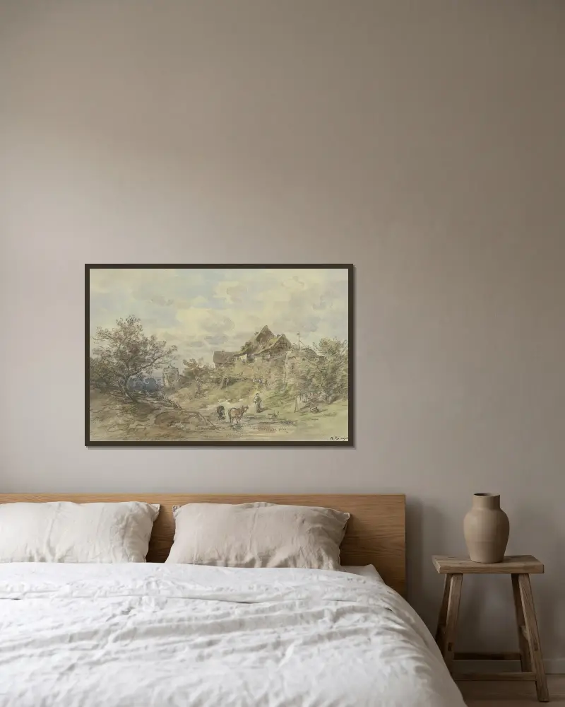 Landschaft mit Gehöft, zwei Kühe mit Bäuerin im Vordergrund av Anton Burger inramad på en vägg