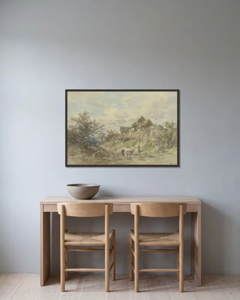 Landschaft mit Gehöft, zwei Kühe mit Bäuerin im Vordergrund av Anton Burger inramad på en vägg