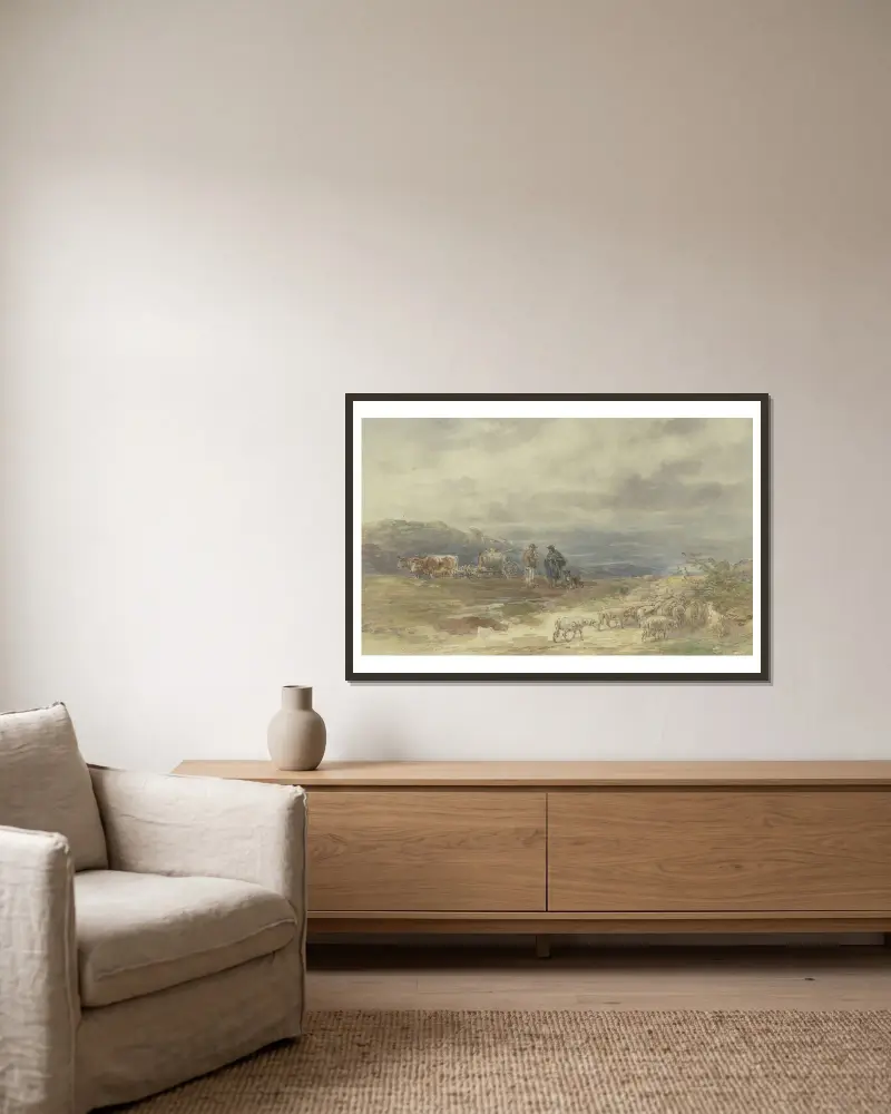 Landschaft mit Schafherde und Ochsenfuhrwerk av Anton Burger inramad på en vägg
