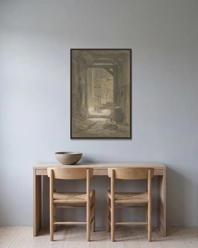 Del av en bondgård på vintern av Anton Burger inramad på en vägg