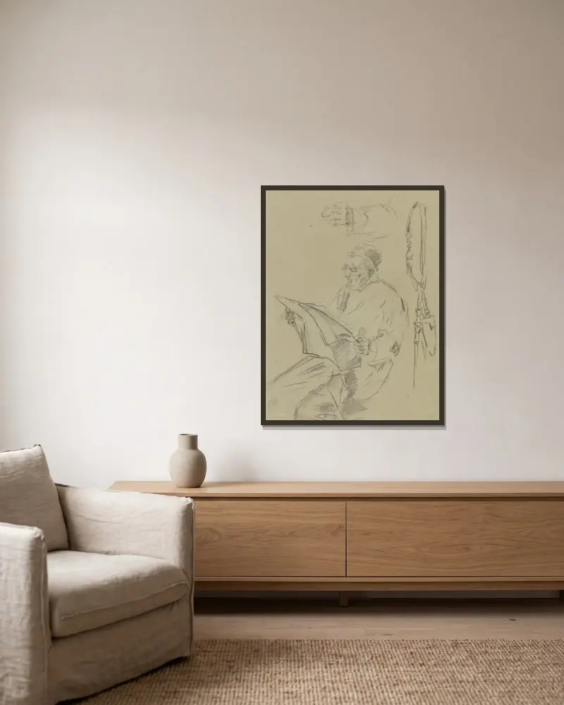 Lesender Fleischermeister von Anton Burger gerahmt an einer Wand