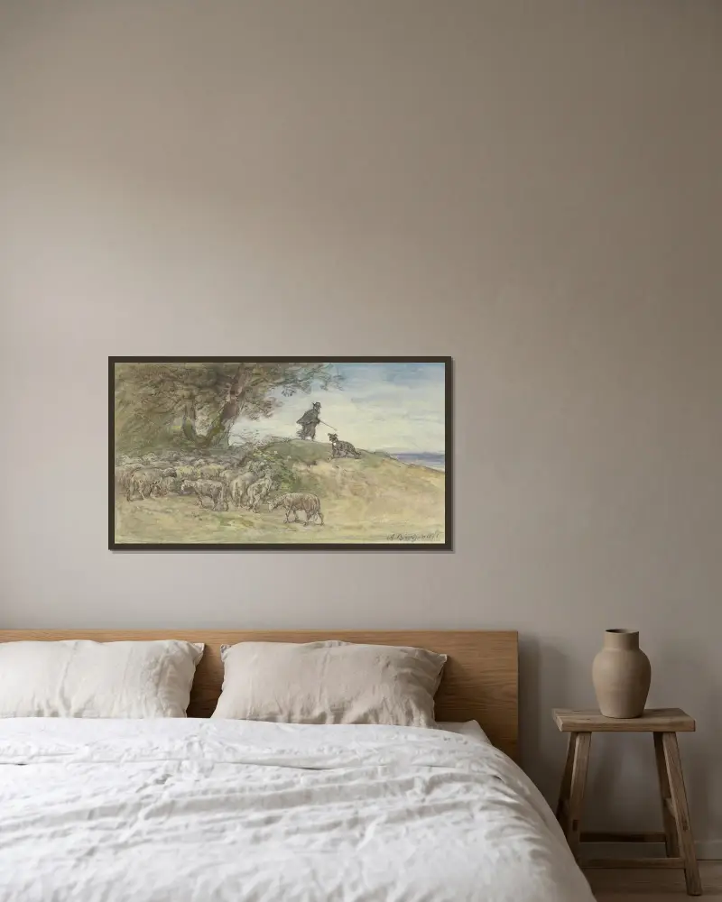 Fårflock i storm under ett träd av Anton Burger inramad på en vägg
