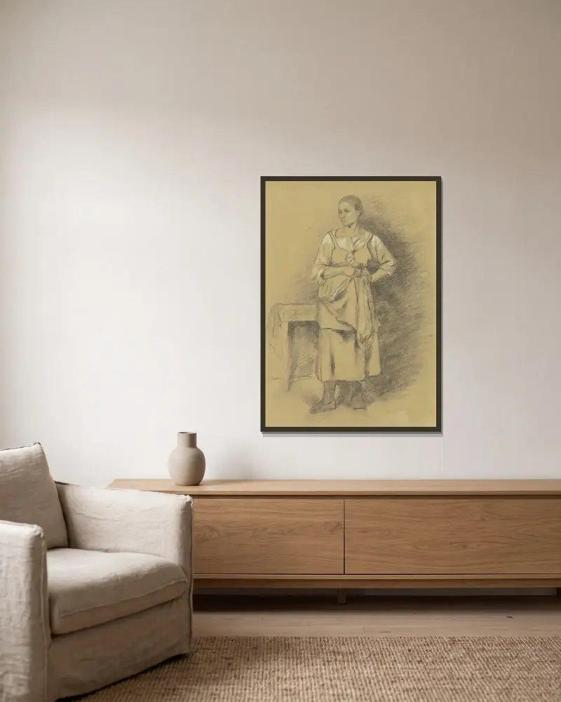 Stehende Frau von Anton Burger gerahmt an einer Wand
