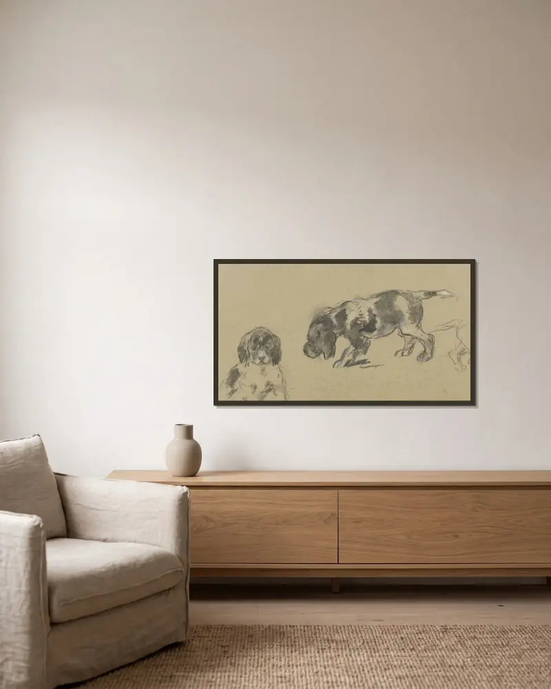 Studienblatt; junge Jagdhunde von Anton Burger gerahmt an einer Wand