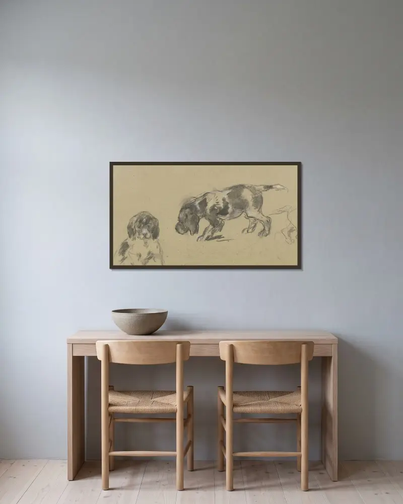 Studienblatt; junge Jagdhunde von Anton Burger gerahmt an einer Wand