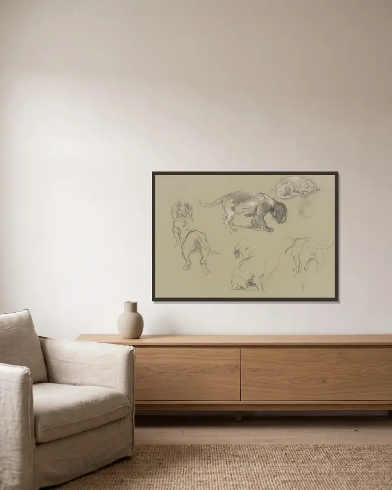 Studienblatt; Sieben junge Dackel von Anton Burger gerahmt an einer Wand