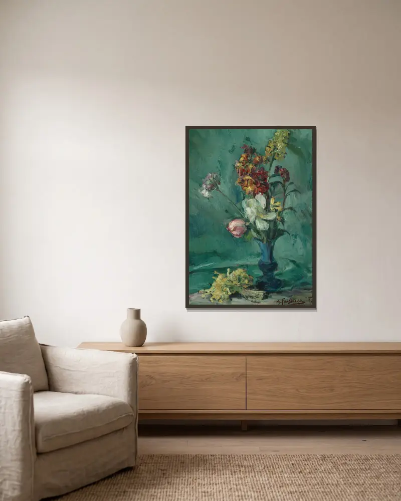 Blumen in blauer Vase und Schlüsselblumenstrauß av Anton Faistauer inramad på en vägg