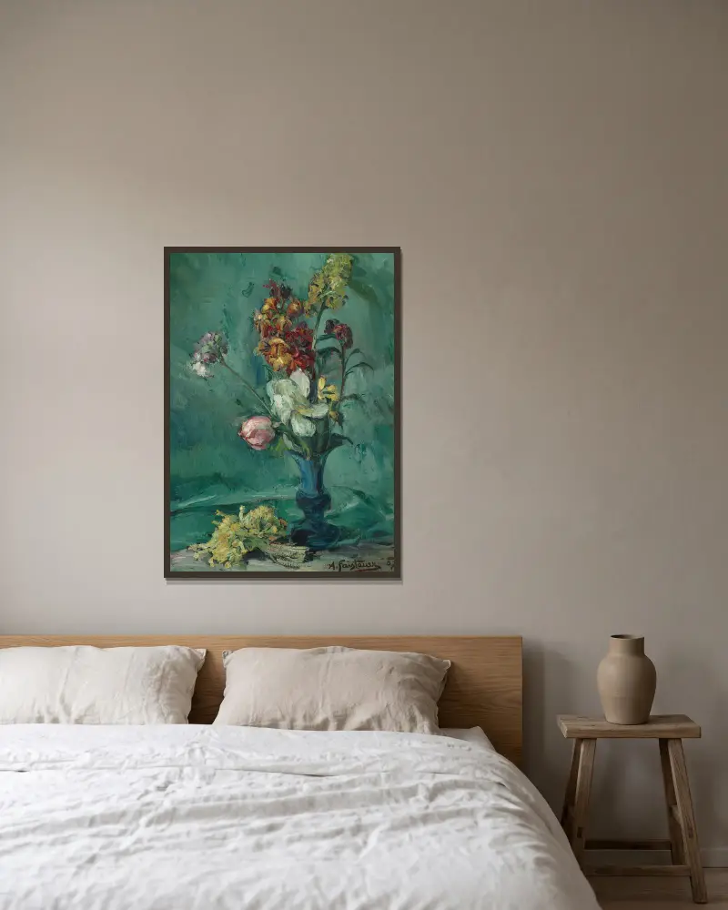 Blumen in blauer Vase und Schlüsselblumenstrauß av Anton Faistauer inramad på en vägg