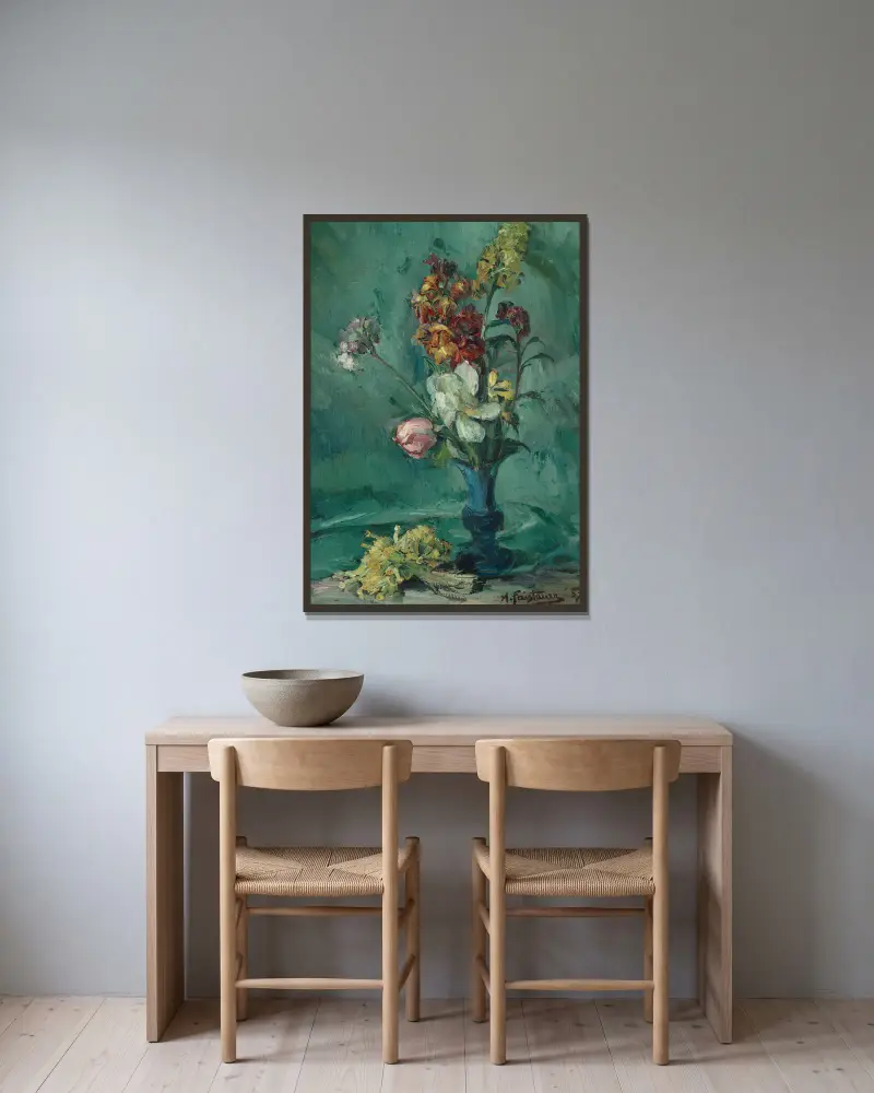 Blumen in blauer Vase und Schlüsselblumenstrauß av Anton Faistauer inramad på en vägg