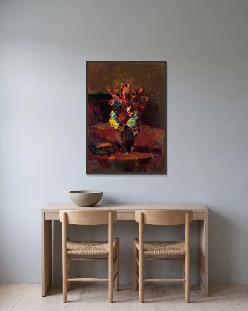 Blumenbouquet mit rotem Tischtuch av Anton Faistauer inramad på en vägg