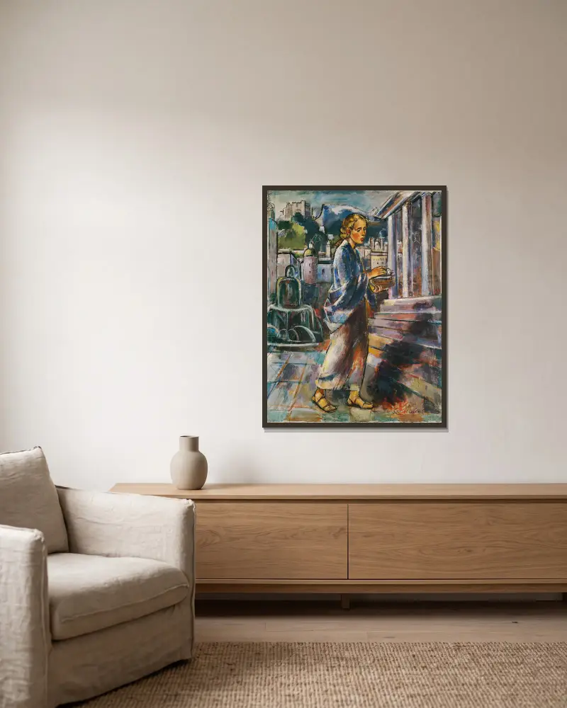 Tempelgang Mariens von Anton Faistauer gerahmt an einer Wand