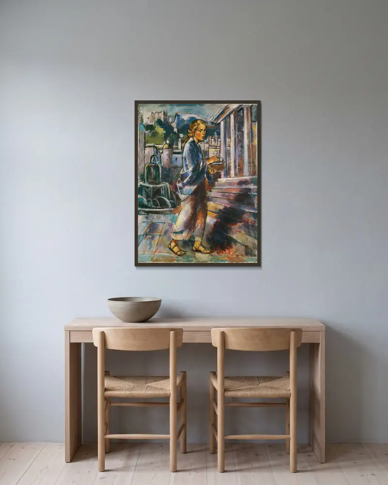 Tempelgang Mariens von Anton Faistauer gerahmt an einer Wand