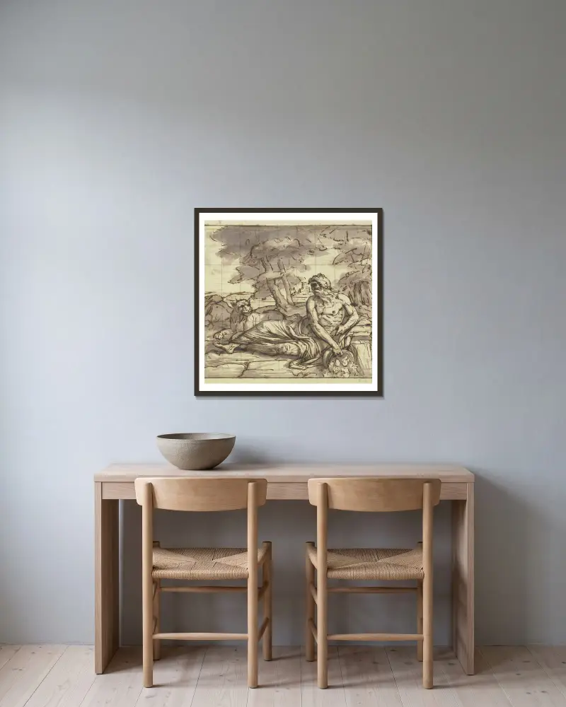 Flußgott Tiber mit Löwin, an der Quelle ruhend av Joseph Anton Koch inramad på en vägg